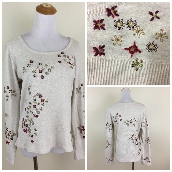 J. JILL Heather Oatmeal Multicolor Floral Embroidery Ribbed Solid Mix Shirt - Picture 1 of 9